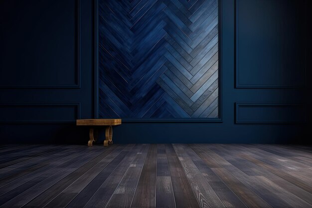 Fondo azul oscuro con piso de madera para una apariencia clásica y atemporal