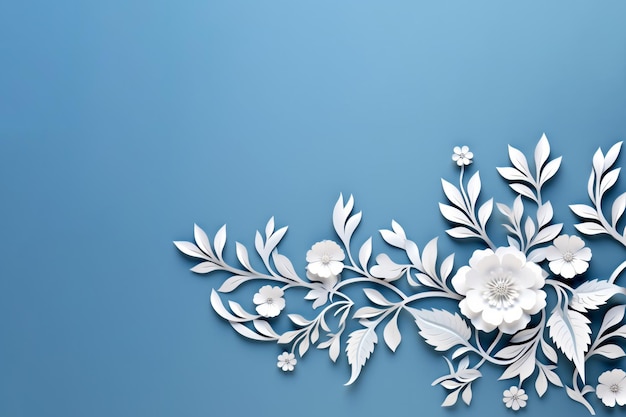Fondo azul con papel blanco cortado flores florecientes superficie de espacio de copia vacía Decoración de origami de invierno