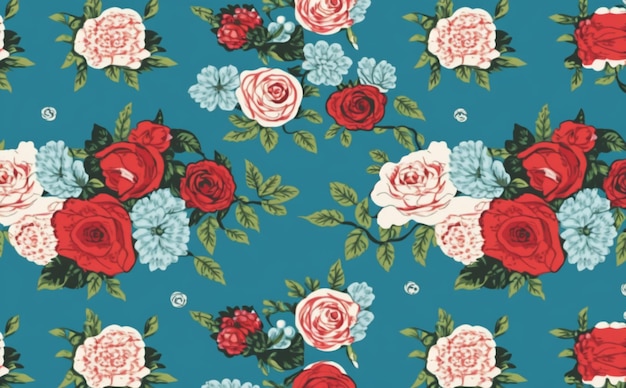 Un fondo azul con un patrón floral con rosas rojas y blancas.