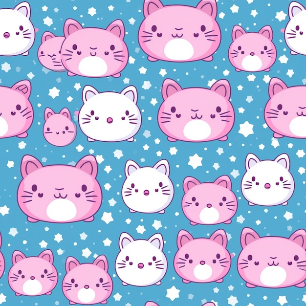 Un fondo azul con un patrón de gatos y las palabras hello kitty.