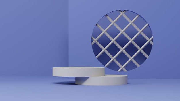 fondo azul con pedestal de geometría blanca o maqueta de podio, plataforma vacía para exhibición de productos