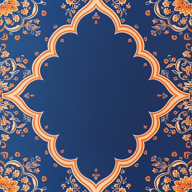 Fondo azul plano y naranja con ornamento islámico