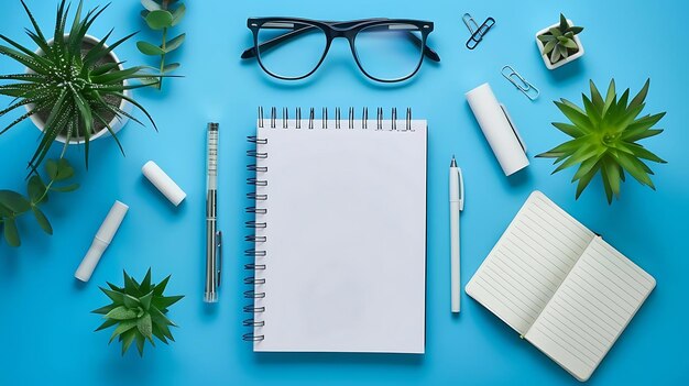 Fondo azul con plantas Cuaderno Plano y gafas Ilustración plana