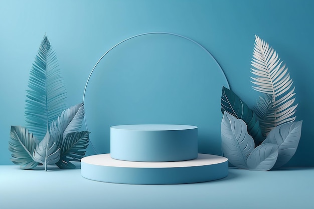 Fondo azul de podio geométrico minimalista con hojas para la presentación de productos cosméticos Mockup vectorial 3D