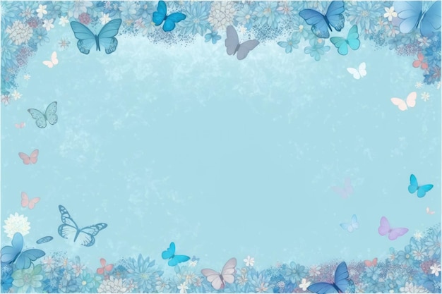 Fondo azul polvoriento Siluetas Brillo y flores y mariposas Postal IA generativa