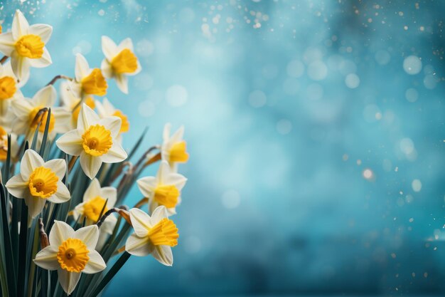 fondo azul de primavera con flores de narcisos