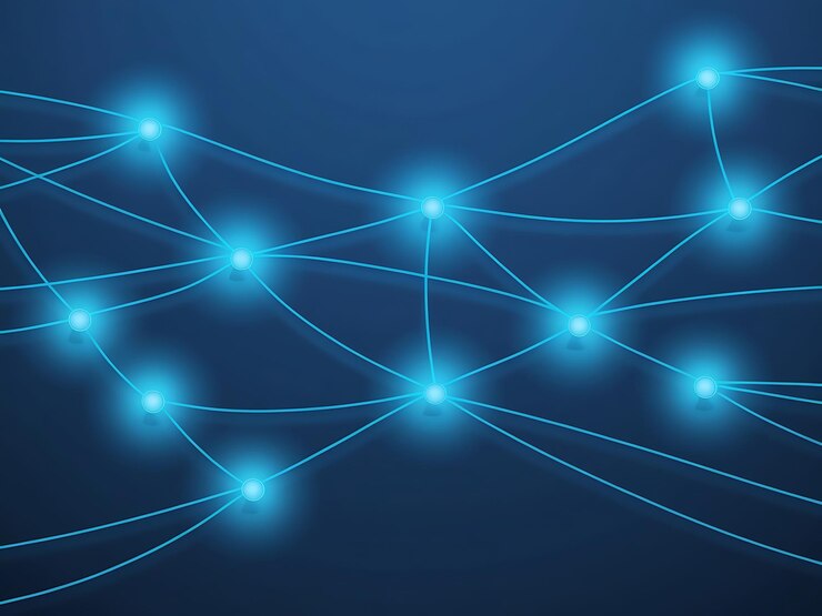 Foto fondo azul profundo con flujos de datos y nodos brillantes