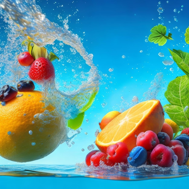 Un fondo azul con un racimo de frutas y un chorrito de agua.