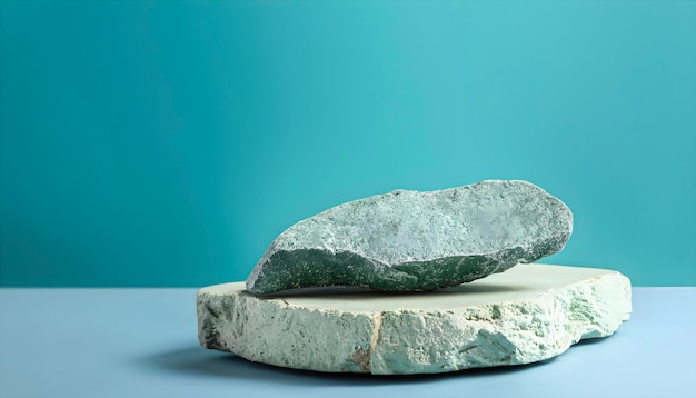 Un fondo azul con una roca verde sobre él.