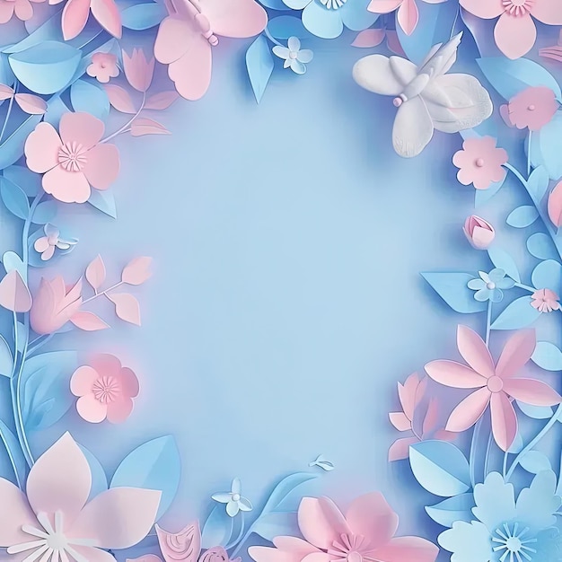 Un fondo azul y rosa con flores y mariposas