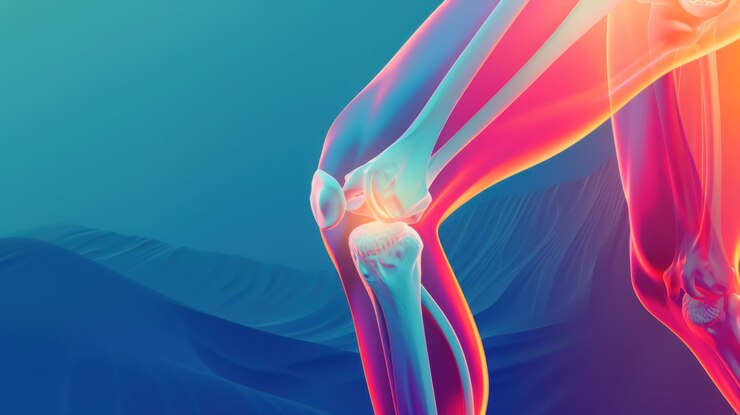 Un fondo azul y rosa con una pierna y una rodilla de esqueleto
