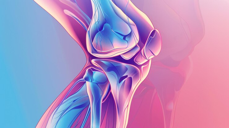 Un fondo azul y rosa con una pierna y una rodilla de esqueleto