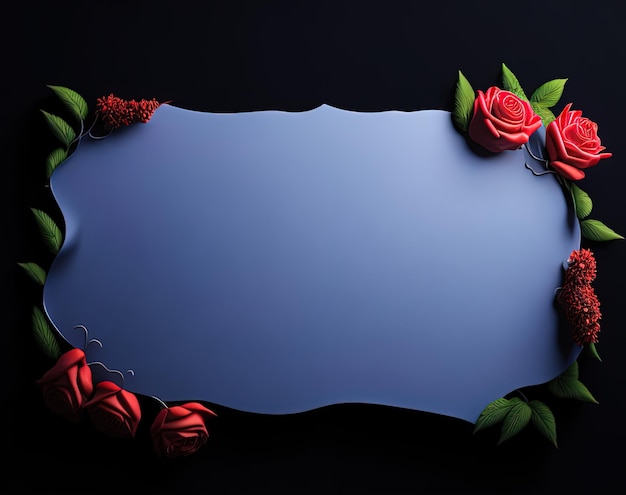 fondo azul con rosas rojas vista superior plana