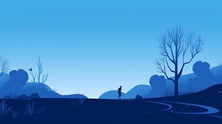 Foto un fondo azul con la silueta de un hombre caminando en la distancia.
