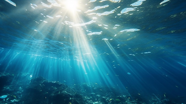 Fondo azul submarino en el océano con rayos de sol.