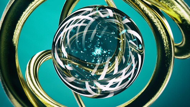Un fondo azul y verde con una bola de cristal en el centro y un anillo dorado en el medio.