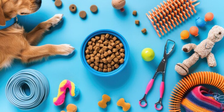 Un fondo azul vibrante con una exhibición lúdica de juguetes para perros, herramientas de aseo y un cuenco de croquetas