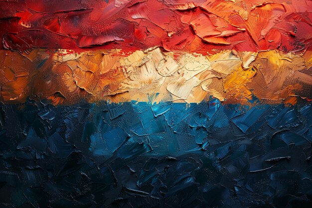 El fondo de una bandera con colores rojo, azul y amarillo La pintura es abstracta y tiene mucha textura