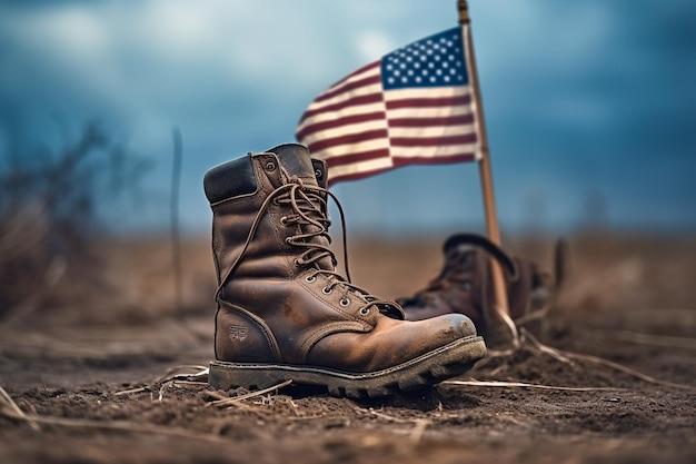 Fondo de bandera estadounidense ondeando con zapatos Soldados generados por ai