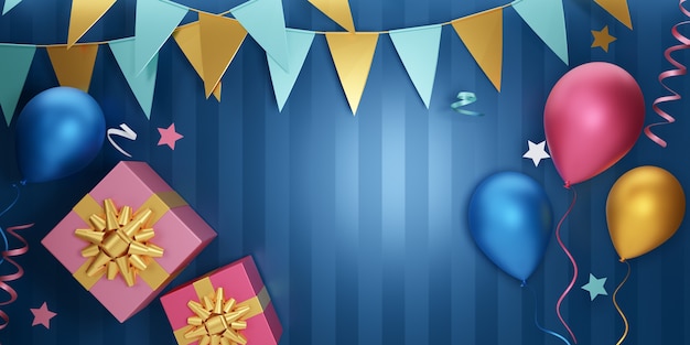 Fondo de banner de elemento de fiesta. Estrella de la caja de regalo del globo 3D y bandera que cuelga en el fondo de la raya azul. Representación de ilustración 3D