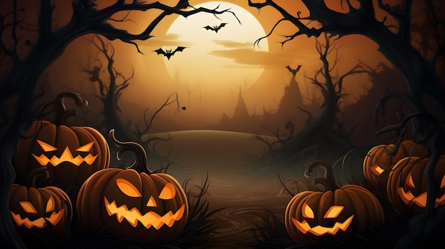 Fondo de banner de halloween con calabaza de halloween y escena nocturna