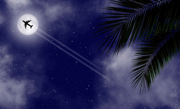 Fondo de banner de noche tropical con hojas de palmera y un avión volador