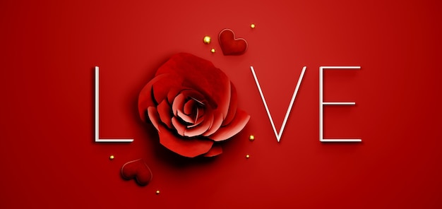 Fondo de banner de san valentín con palabra de amor y rosa