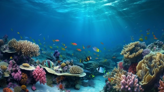 fondo de banner súper ancho de paisaje de arrecife de coral en océano azul profundo Ilustración AI generativo