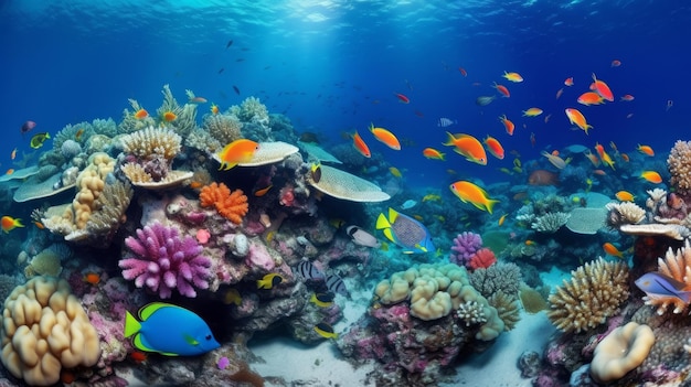 fondo de banner súper ancho de paisaje de arrecife de coral en océano azul profundo Ilustración AI generativo