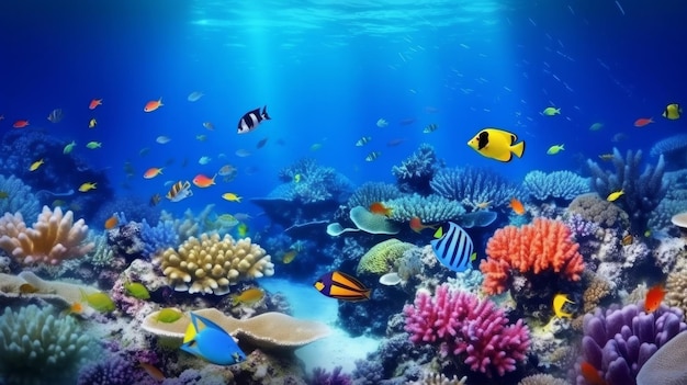 fondo de banner súper ancho de paisaje de arrecife de coral en océano azul profundo Ilustración AI generativo