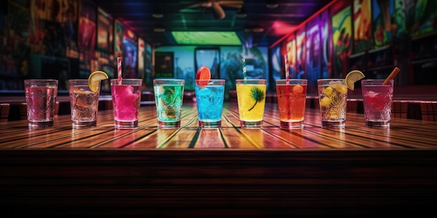 El fondo del bar de Miami con una mesa de madera vacía y luces de arco iris