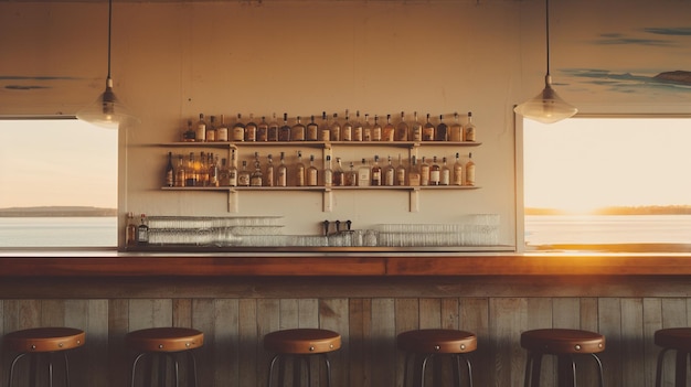 Fondo de bar de playa al atardecer de verano con IA generativa Restaurante al aire libre Velas con luz LED