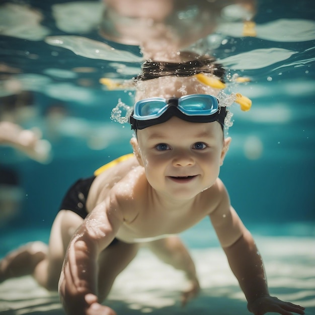 Fondo del bebé Bebé feliz aprende a nadar, bucear bajo el agua con diversión en la piscina generada por IA