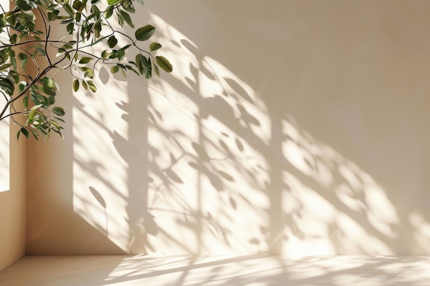 Fondo beige claro minimalista con sombra de ventana y vegetación