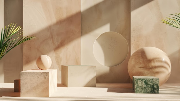 fondo beige minimalista abstracto con figuras y formas de piedra en él
