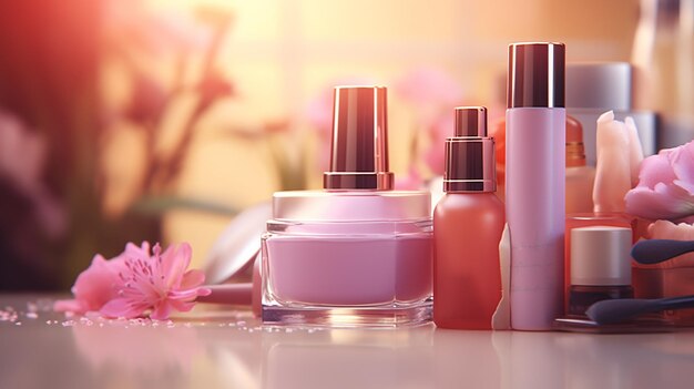 Fondo de belleza con productos cosméticos faciales Concepto de cuidado de la piel de maquillaje