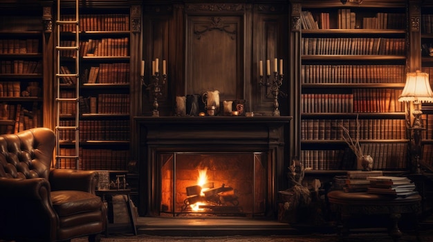 Un fondo de biblioteca vintage con filas de libros viejos y una acogedora chimenea