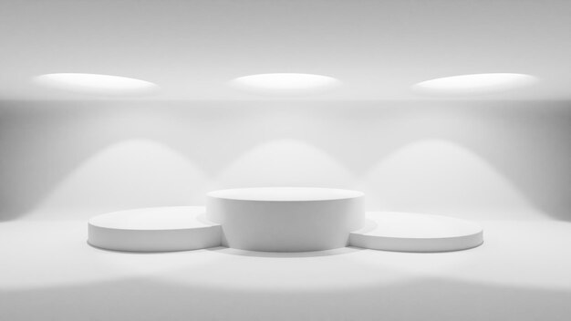 Fondo blanco 3D con un podio y haces de luz desde arriba para mostrar la representación 3d de su producto