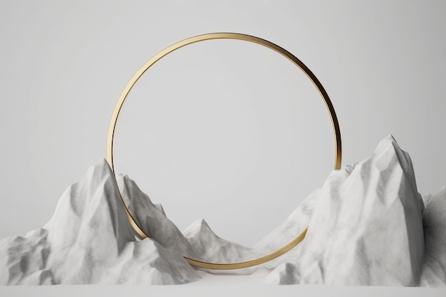 Un fondo blanco abstracto muestra un marco circular dorado integrado en una pared de roca de tiza. Este papel tapiz minimalista y estéticamente agradable se creó utilizando técnicas de renderizado 3D.