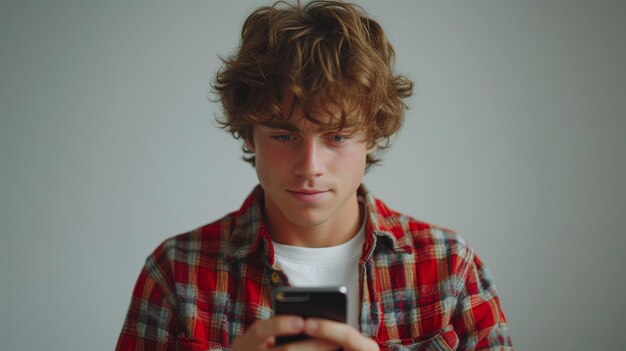 Un fondo blanco aislado muestra a un joven caucásico feliz usando un teléfono móvil inteligente para hacer llamadas telefónicas usar redes sociales y acceder a aplicaciones en línea