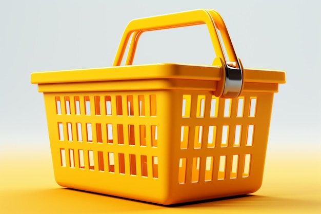 El fondo blanco aislado resalta una cesta de compras amarilla en el vacío 3Drenderizado