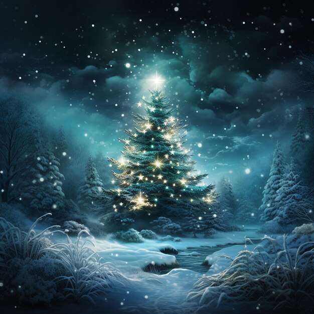 fondo blanco árbol de Navidad luz de la luna nieve luces de Navidad invierno país de las maravillas