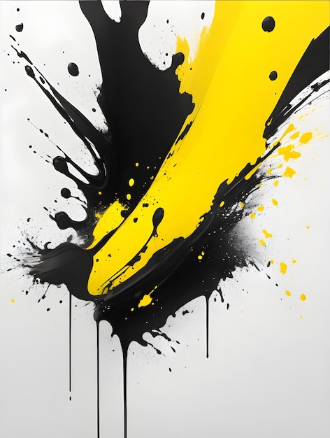 Fondo blanco artístico abstracto con salpicaduras de color negro y amarillo