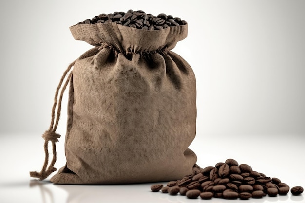 En un fondo blanco en blanco, los granos de café recién tostados se muestran en una bolsa de tela natural