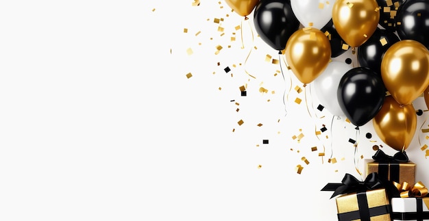 Fondo blanco de celebración con regalos de globos negros y dorados y confeti Lugar para texto