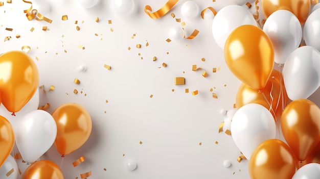 Fondo blanco de celebración con regalos de globos de oro blanco anaranjado y confeti generado por IA