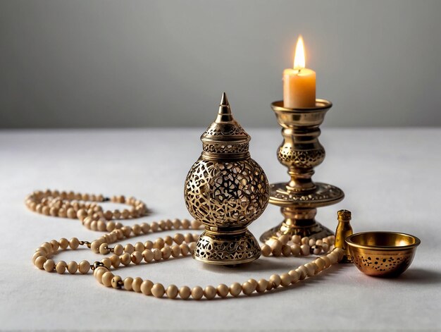 Foto fondo blanco concepto islámico con cuentas de oración ornamento y lámpara de aceite