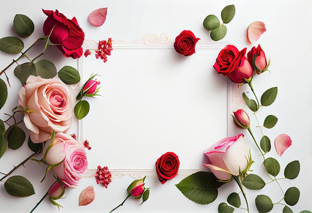 un fondo blanco coronado con rosas rojas y rosadas IA generativa