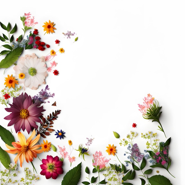 un fondo blanco cubierto con muchas flores de colores, espacio en blanco