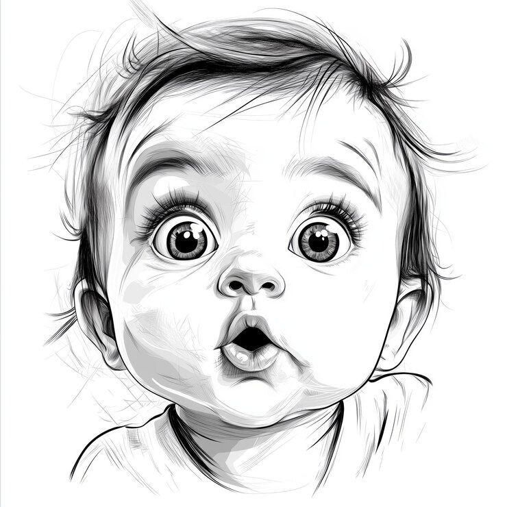 en un fondo blanco dibujo en blanco y negro gráficos muy detallados trazos retrato de un bebé con ojos grandes v 61 ID de trabajo c51a05c852d84d20afe84c325c9a8971